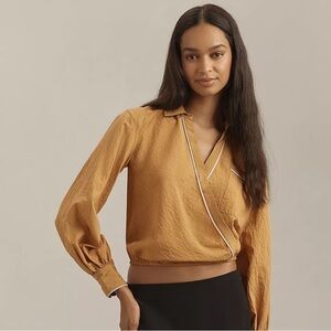 Maeve Top Anthropologie Blouse Pinstripe Long Sleeve Bubble Hem Wrap Chic XL